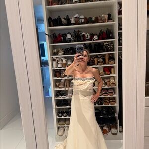 Monique Lhuillier Ivory Strapless Bridal Gown with Silver Trim